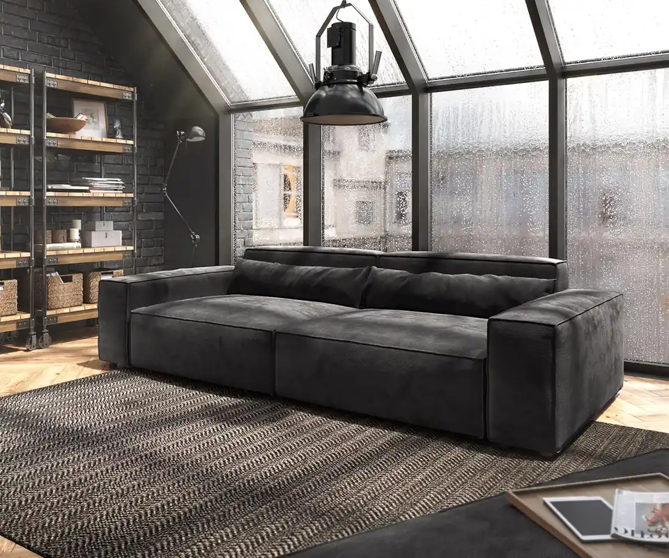 Kracherpreis Big-Sofa Sirpio XL 270x130 cm Mikrofaser Schwarz mit Hocker