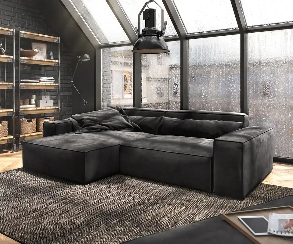 Top-Preis Ecksofa Sirpio XL 270x170 cm Mikrofaser Schwarz Recamiere variabel mit Hocker