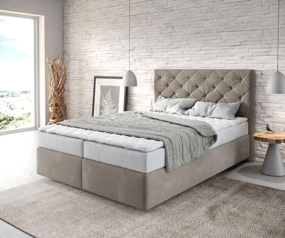 Boxspringbett Dream-Great 140x200 cm Mikrofaser Beige mit Matratze und Topper Sale