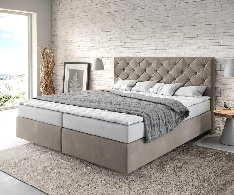 Sonderangebot Boxspringbett Dream-Great 180x200 cm Mikrofaser Beige mit Matratze und Topper