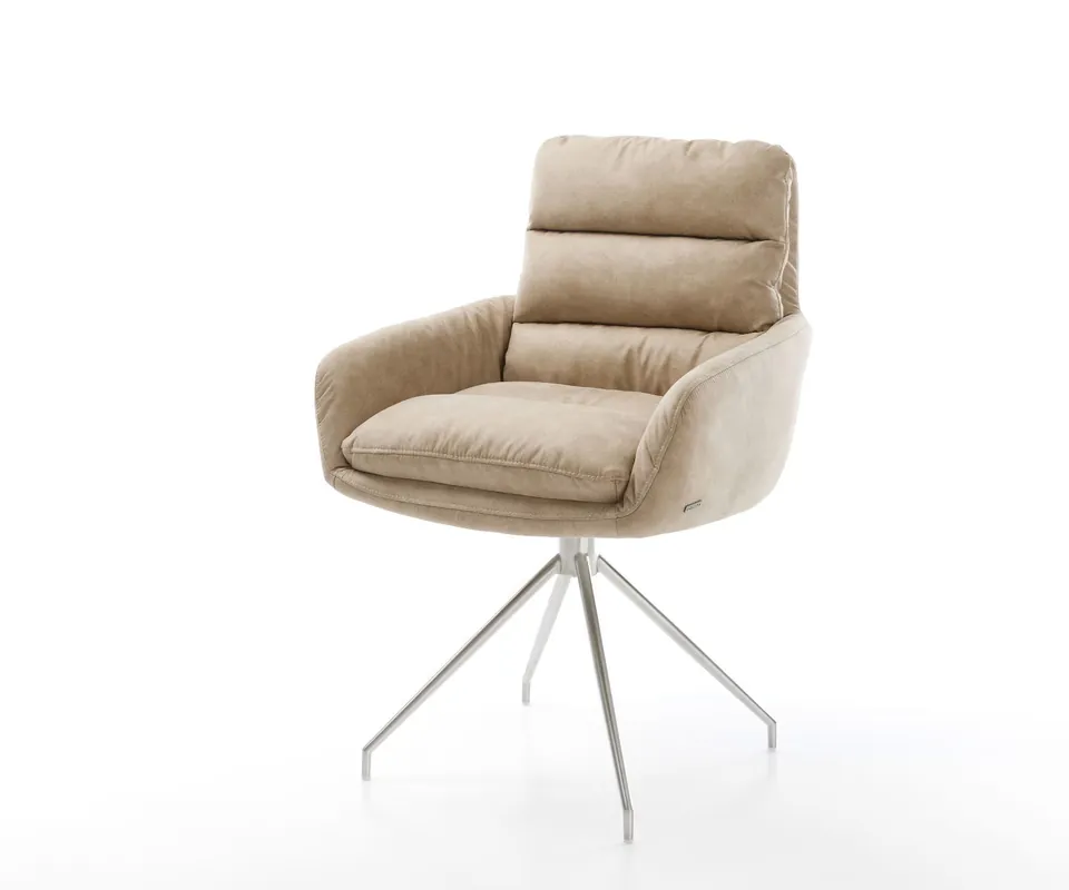 Billig Esszimmerstuhl Abelia-Flex mit Armlehnen Mikrofaser Beige Vintage Kreuzgestell konisch Edelstahl