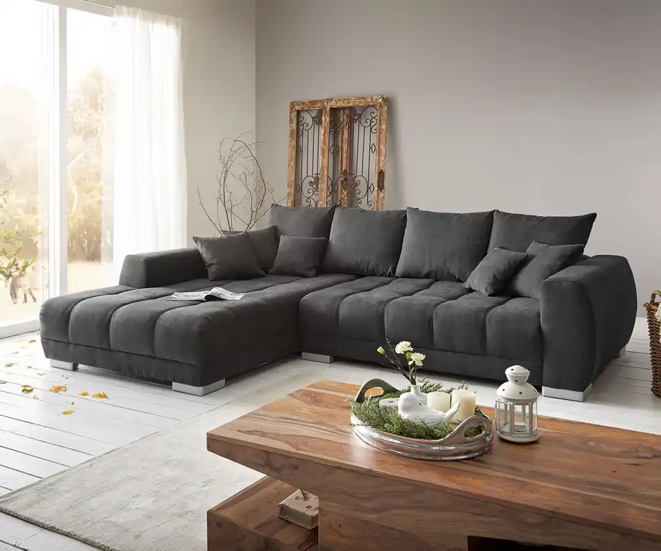 Schneller Versand Ecksofa Josea 300x220 cm Mikrofaser Schwarz Recamiere links