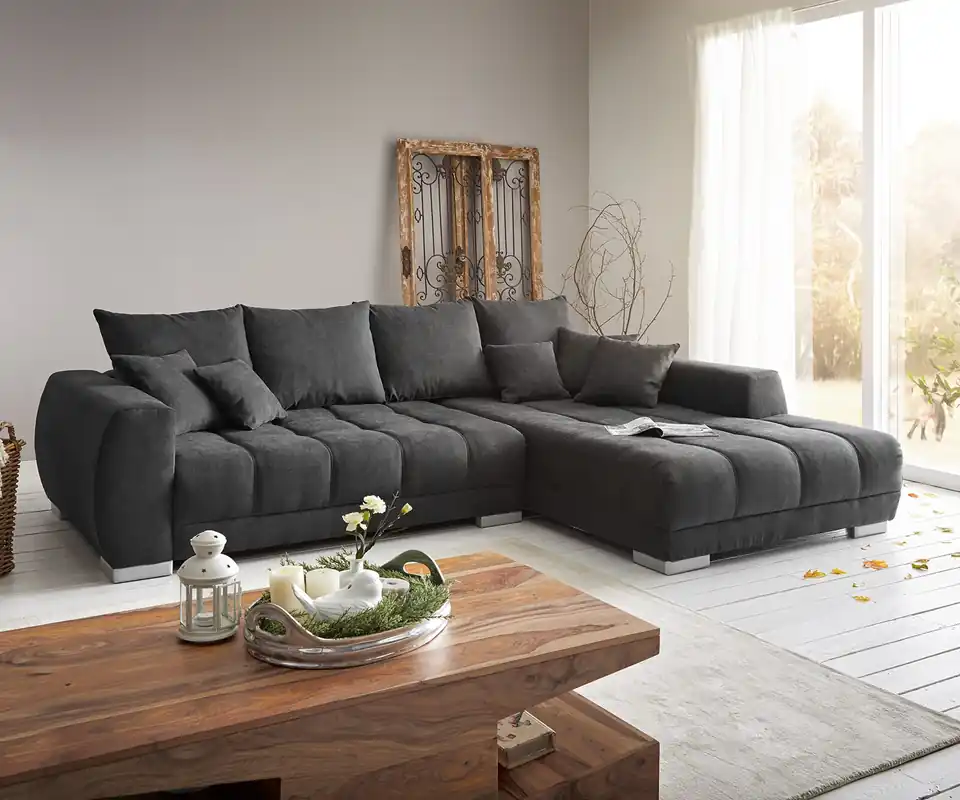 Wochenendangebot Ecksofa Josea 300x220 cm Mikrofaser Schwarz Recamiere rechts