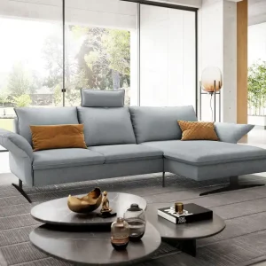 Letzte Chance Ecksofa Nerio 300 x 190 cm Flachgewebe Pastellblau Recamiere rechts