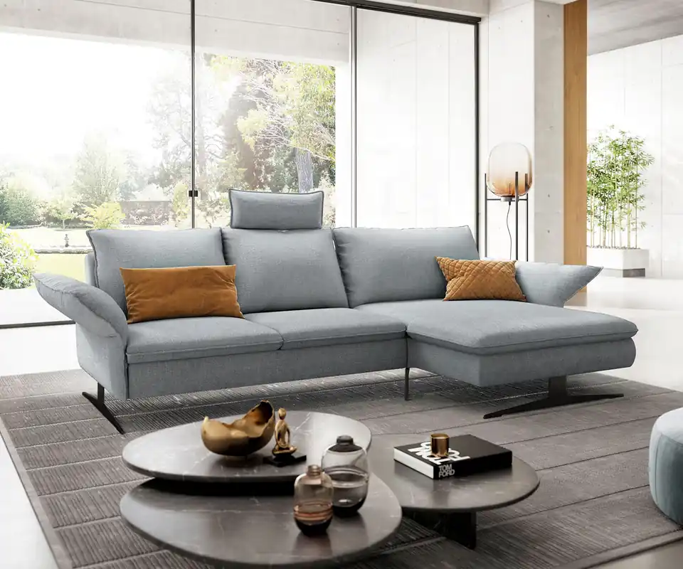 Letzte Chance Ecksofa Nerio 300 x 190 cm Flachgewebe Pastellblau Recamiere rechts