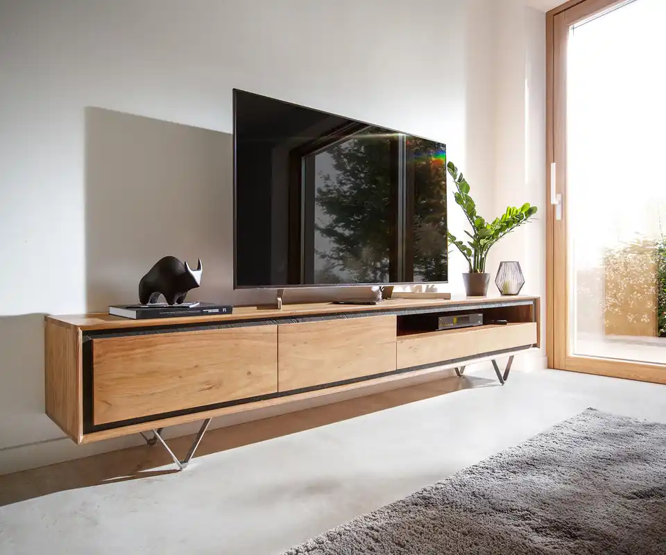 Lowboard Stonegrace 240 cm Akazie Natur 2 Türen 1 Fach 2 Schubladen Steinfurnier V-Fuß Ausverkauf