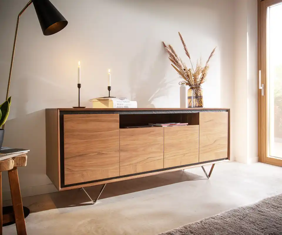 Sideboard Stonegrace 175 cm Akazie Natur 4 Türen 1 Fach Steinfurnier V-Fuß Markenprodukt
