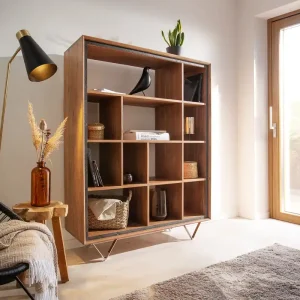 Aktuell Highboard Stonegrace 115x150 Akazie Natur 12 Fächer Steinfurnier V-Fuß