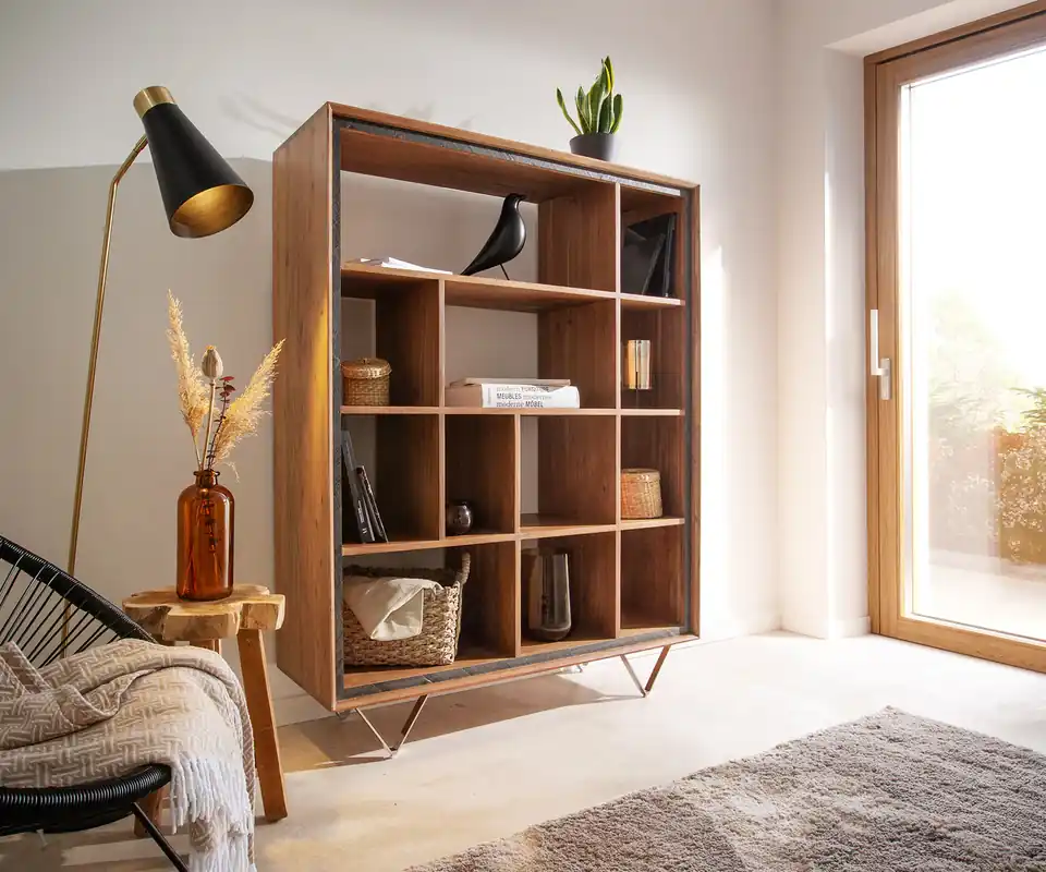 Aktuell Highboard Stonegrace 115x150 Akazie Natur 12 Fächer Steinfurnier V-Fuß