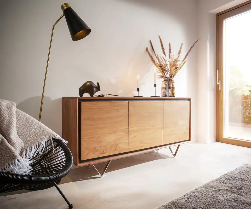 Top-Preis Sideboard Stonegrace 145 cm Akazie Natur 3 Türen Steinfurnier V-Fuß