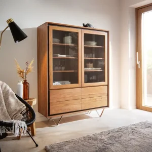Vitrine Stonegrace 115x150 Akazie Natur 2 Türen 4 Schubladen Steinfurnier V-Fuß Markenprodukt