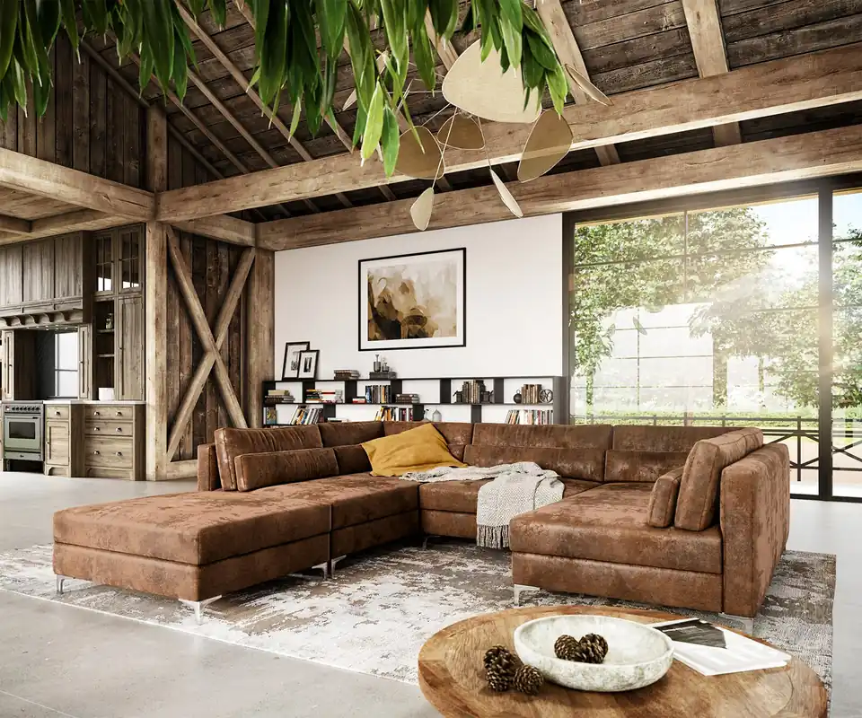 Sale Wohnlandschaft Elio 300x185 cm Lederimitat Vintage Braun Antik mit Hocker
