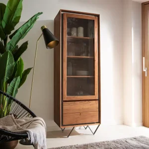 Vitrine Stonegrace 55x180 cm Akazie Braun Steinfurnier 1 Tür 2 Schubladen V-Fuß Schwarz Bestpreis