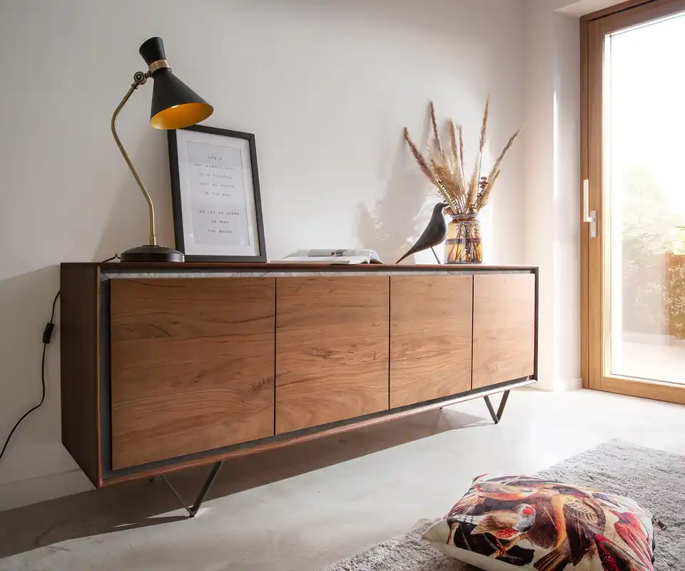 Sideboard Stonegrace 200 cm Akazie Braun Steinfurnier 4 Türen V-Fuß Schwarz Schnäppchen