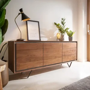 Ausverkauf Sideboard Stonegrace 175 cm Akazie Braun Steinfurnier 2 Türen 3 Schubladen V-Fuß Schwarz