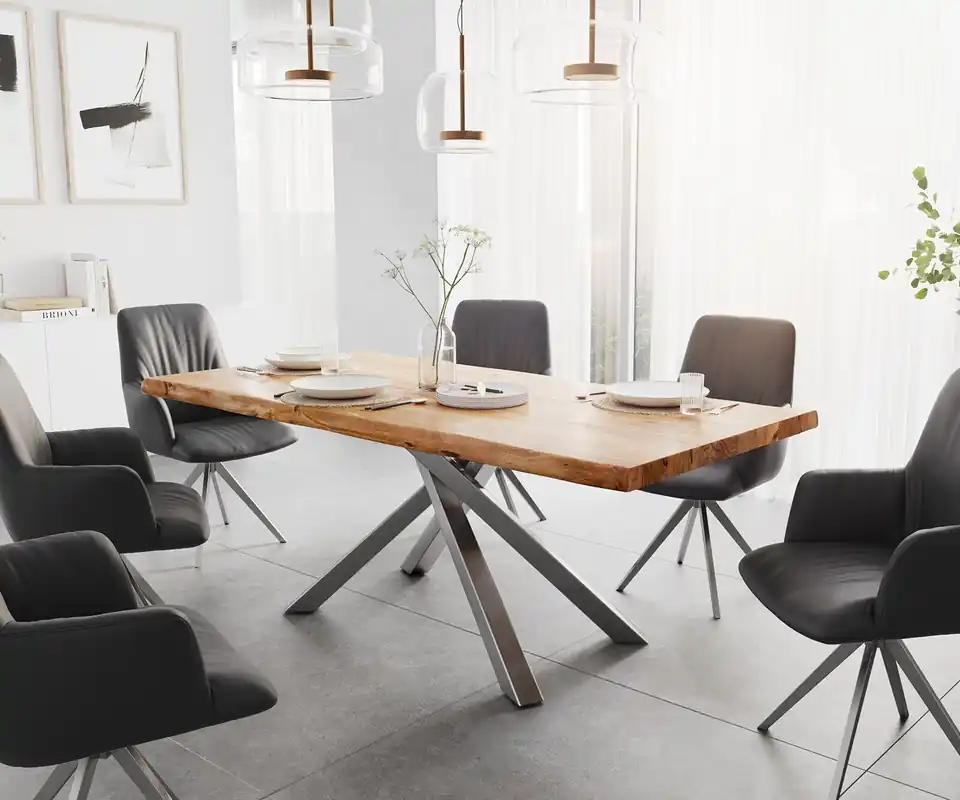 Esstisch Edge 200x100 XL Akazie Natur Kreuzgestell Rechteck Edelstahl Live- Geprüft