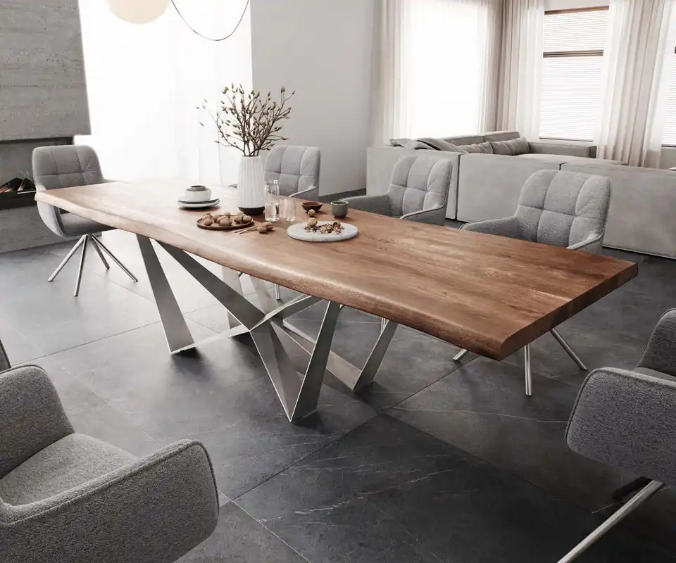 Esstisch Edge 300x100 XL Akazie Braun Spider Flachstahl Edelstahl Live- Sale