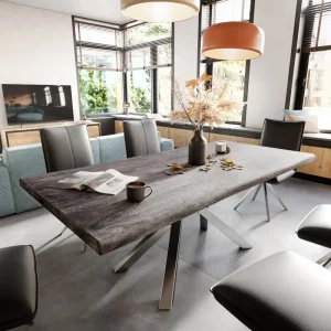 Ausverkauf Esstisch Edge 200x100 XL Akazie Platin Kreuzgestell Rechteck Edelstahl Live-