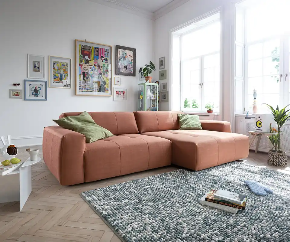 Ecksofa Lazaro 300x160 cm Flachgewebe Orange Ottomane rechts mit Sitztiefenverstellung Beliebt