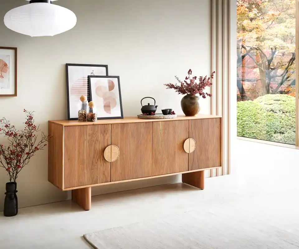 Sideboard Surimu 175 cm Akazie Hellbraun 4 Türen 2 Fächer Kork-Griff Holzfüße Direkt Vom Hersteller