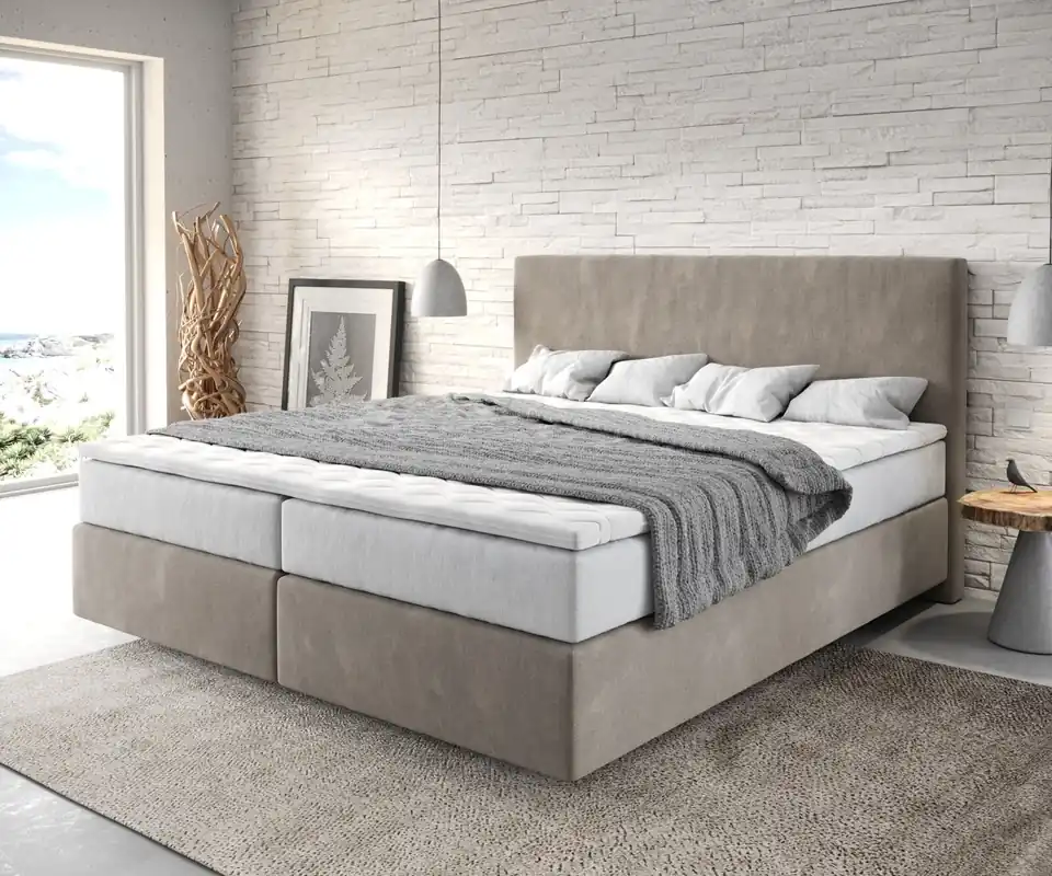 Boxspringbett Dream-Well 180x200 cm Mikrofaser Beige mit TFK Matratze und Visco Topper Versand Am Gleichen Tag