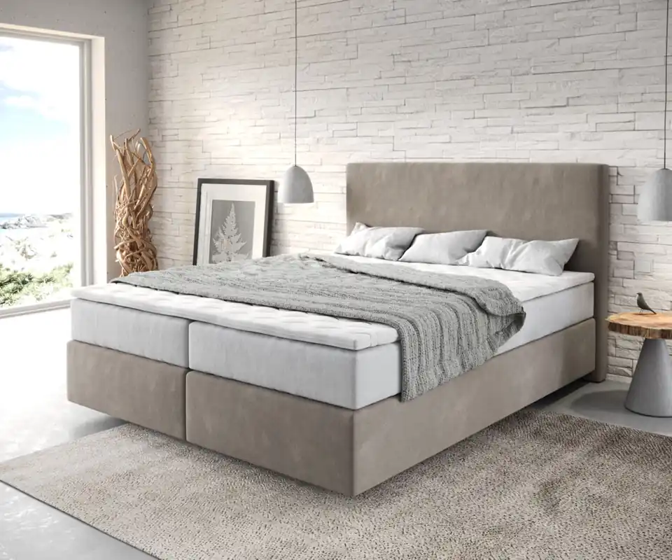 Super-Preis Boxspringbett Dream-Well 160x200 cm Mikrofaser Beige mit TFK Matratze und Visco Topper