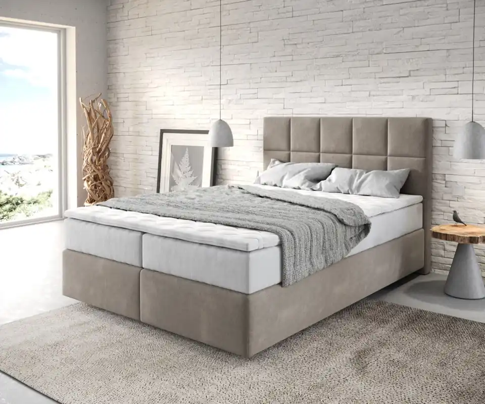 Boxspringbett Dream-Fine 140x200 cm Mikrofaser Beige mit TFK Matratze und Visco Topper Direktkauf