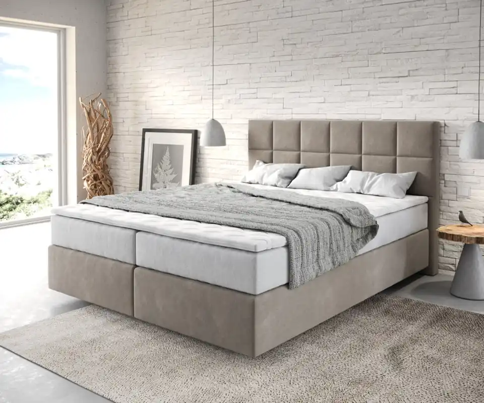 Boxspringbett Dream-Fine 160x200 cm Mikrofaser Beige mit TFK Matratze und Visco Topper Mega-Angebot