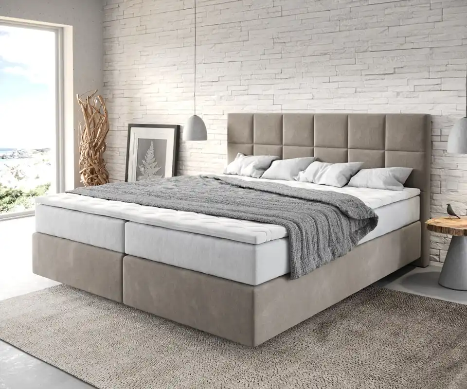 Boxspringbett Dream-Fine 180x200 cm Mikrofaser Beige mit TFK Matratze und Visco Topper Rabatt