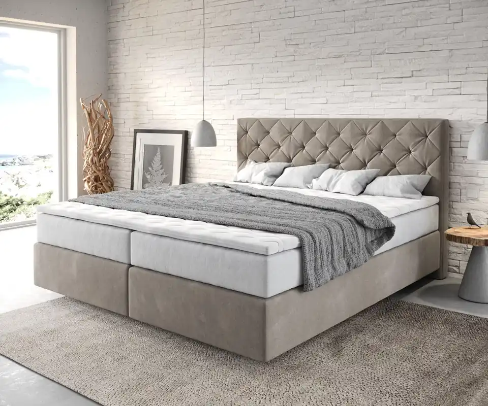 Finale Aktion Boxspringbett Dream-Great 180x200 cm Mikrofaser Beige mit TFK Matratze und Visco Topper