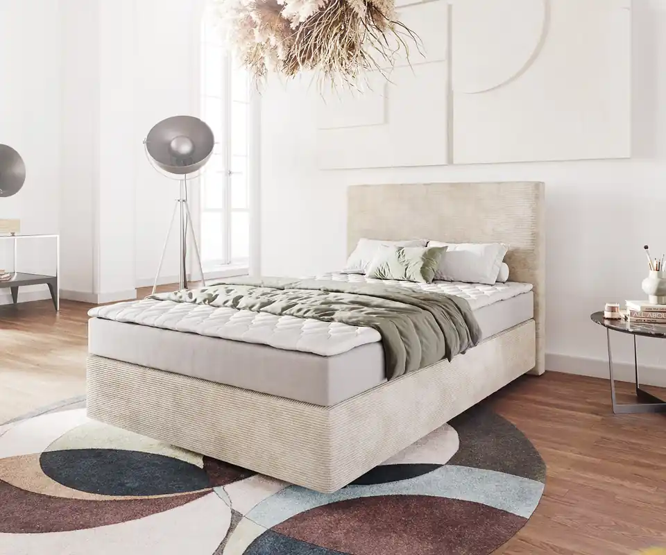 Boxspringbett Dream-Well 120x200 cm Cord Beige mit Matratze und Topper Nur Für Kurze Zeit
