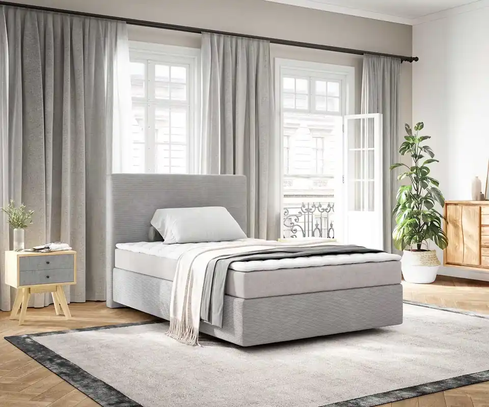 Boxspringbett Dream-Well 120x200 cm Cord Silbergrau mit Matratze und Topper Geprüft