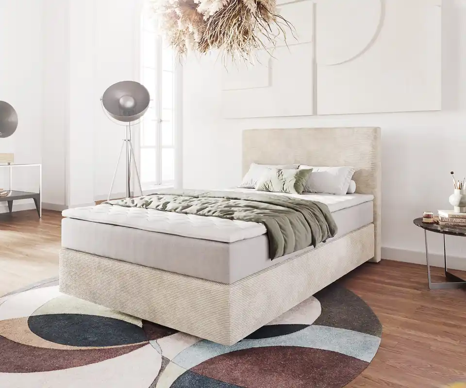 Markenware Boxspringbett Dream-Well 120x200 cm Cord Beige mit Taschenfederkernmatratze und Topper Visco