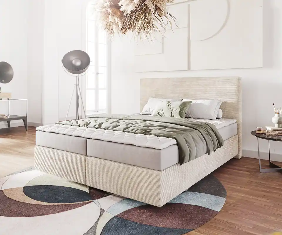 Ausverkauf Boxspringbett Dream-Well 160x200 cm Cord Beige mit Matratze und Topper