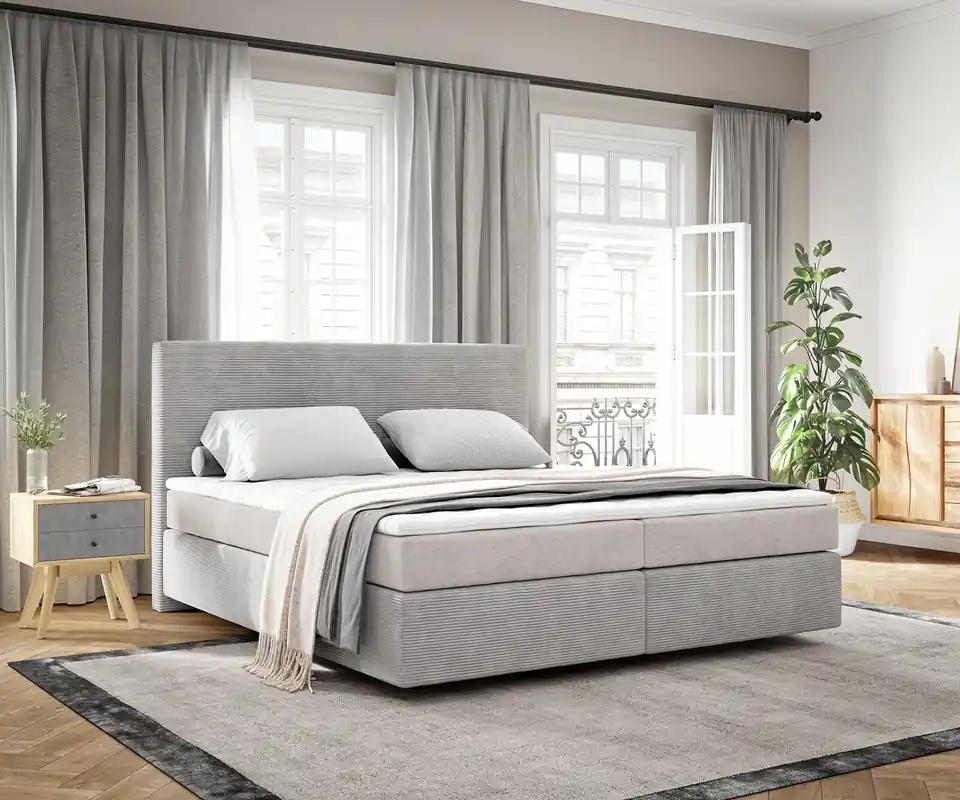 Boxspringbett Dream-Well 180x200 cm Cord Silbergrau mit Taschenfederkernmatratze und Topper Visco Highlight