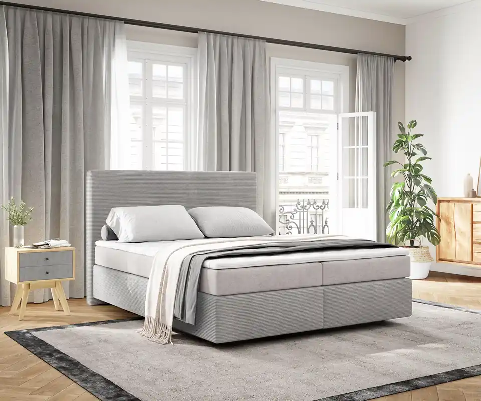 Sale Boxspringbett Dream-Well 160x200 cm Cord Silbergrau mit Taschenfederkernmatratze und Topper Visco