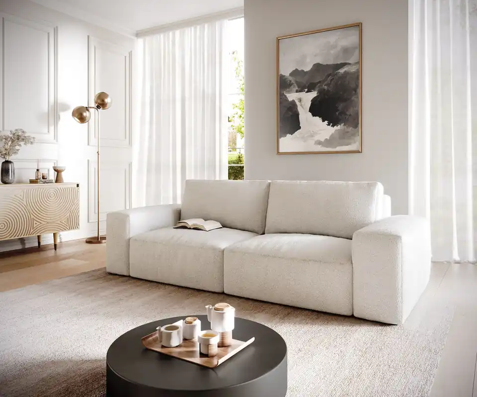 Preisreduziert Big-Sofa Lanzo 230x95 cm Bouclé Creme-Weiß