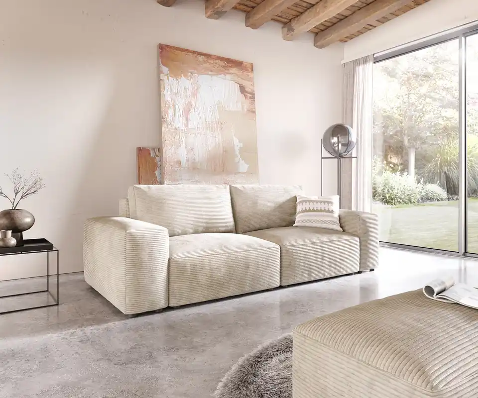 Direktkauf Big-Sofa Lanzo 230x95 cm Cord Beige mit Hocker