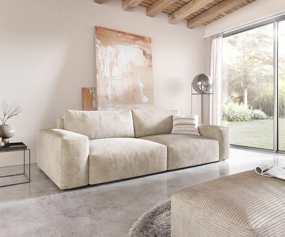 Big-Sofa Lanzo XL 270x130 cm Cord Beige mit Hocker Mega-Angebot
