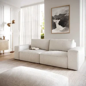 Bestseller Big-Sofa Lanzo 230x95 cm Bouclé Creme-Weiß mit Hocker