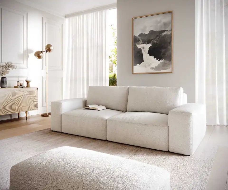 Bestseller Big-Sofa Lanzo 230x95 cm Bouclé Creme-Weiß mit Hocker