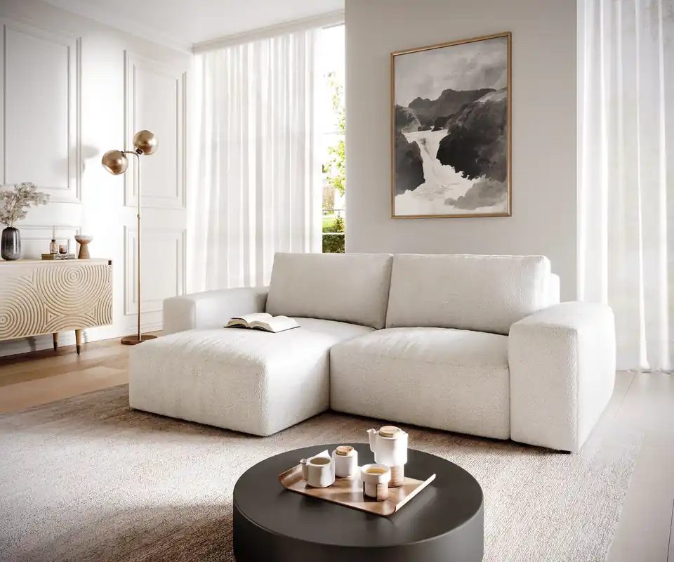 Direktkauf Ecksofa Lanzo 230x155 cm Bouclé Creme-Weiß Recamiere variabel