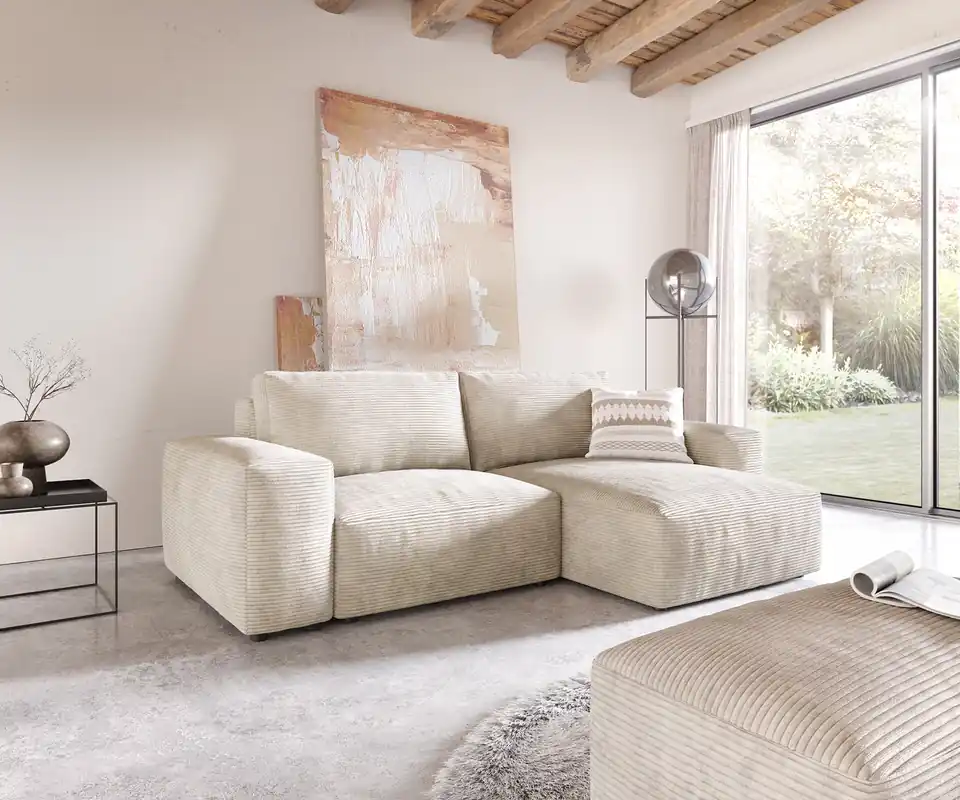 Ecksofa Lanzo 230x155 cm Cord Beige Recamiere variabel mit Hocker Sonderangebot