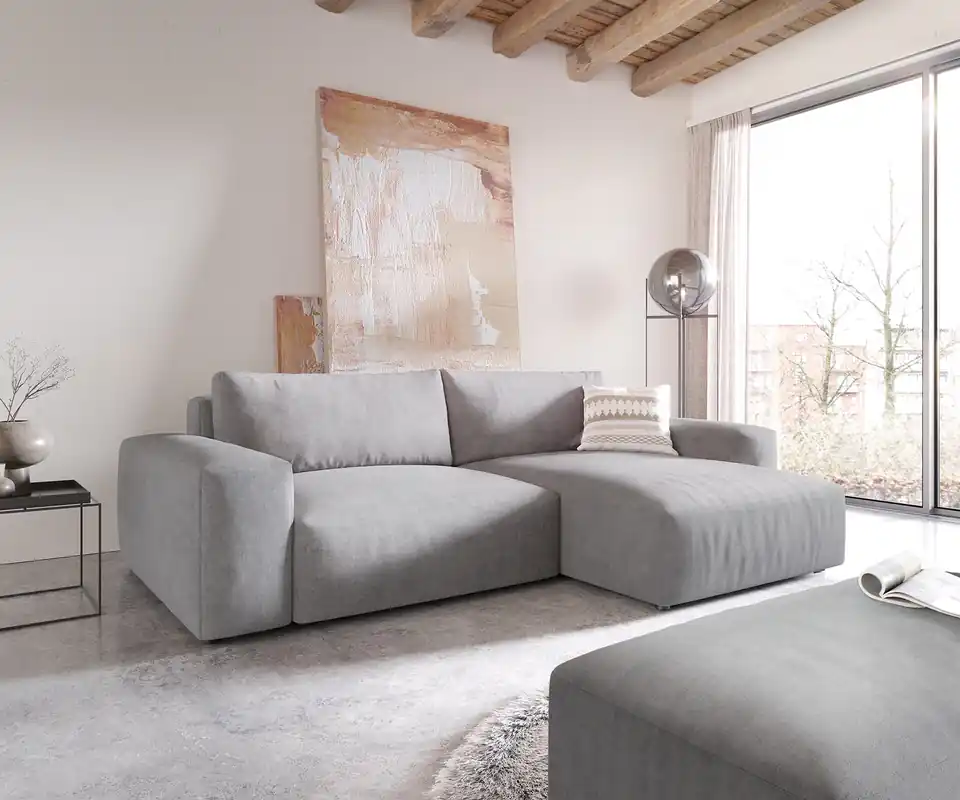 Neu Ecksofa Lanzo XL 270x180 cm Mikrofaser Grau Recamiere variabel mit Hocker