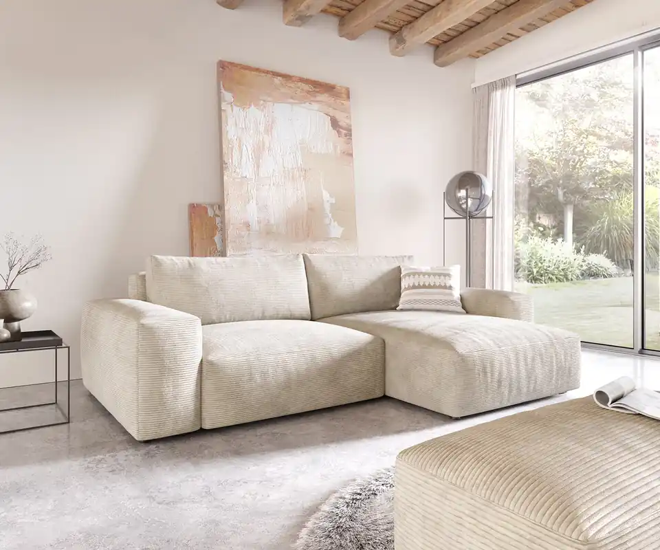 Meistverkauft Ecksofa Lanzo XL 270x180 cm Cord Beige Recamiere variabel mit Hocker