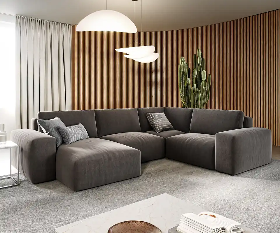 Wohnlandschaft Lanzo 300x210 cm Mikrofaser Khakibraun Recamiere variabel Top-Angebot