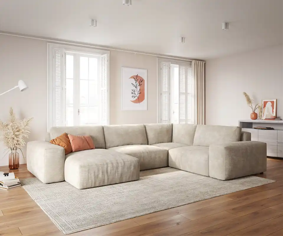 Neu Im Sortiment Wohnlandschaft Lanzo XL 360x260 cm Cord Beige Recamiere variabel
