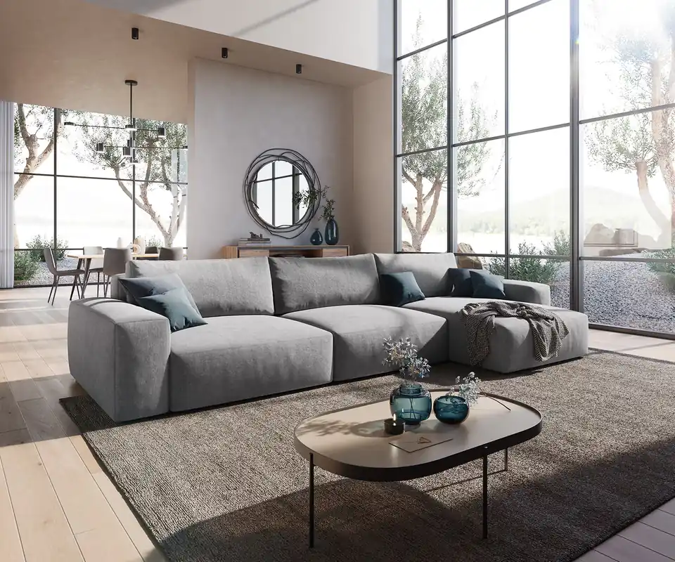 Abverkauf Ecksofa Lanzo XL 380x180 cm Mikrofaser Grau Recamiere variabel