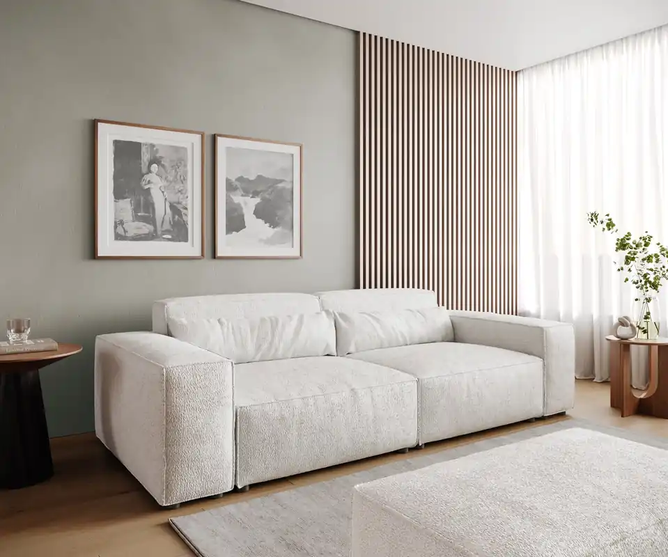 Neue Ware Big-Sofa Sirpio 230x95 cm Bouclé Creme-Weiß mit Hocker