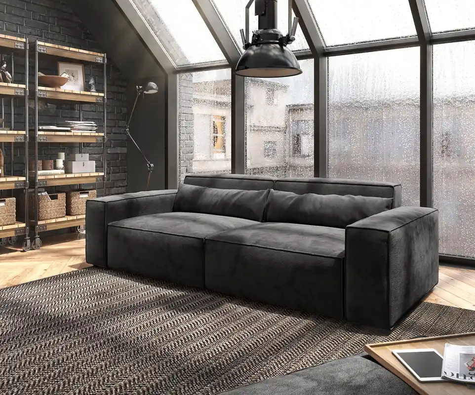 Solange Der Vorrat Reicht Big-Sofa Sirpio 230x95 cm Mikrofaser Schwarz mit Hocker